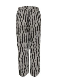 Pantalon noir à jambes larges avec un motif abstrait de vagues verticales en beige clair, taille élastique et coupe mi-longue.
