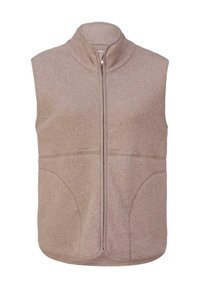 Fleece-Weste in sanftem Beige mit hohem Kragen, Frontreißverschluss und zwei Vorder-Taschen. Glatte Textur und abgerundeter Saum.
