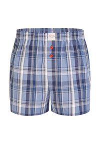 Boxer da uomo a quadri nelle tonalità di blu con linee bianche e blu navy, realizzati in un tessuto morbido, con vita elasticizzata e due bottoni rossi.