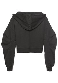 Gecombineerde zwarte hoodie gemaakt van zacht materiaal, met een grote capuchon, brede mouwen met taps toelopende manchetten en gestikte details langs de naden.