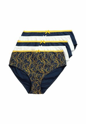 Conjunto de cinco braguitas de mujer en azul marino y blanco, con ribete amarillo y pequeños lazos, con un par estampado con ramas amarillas sobre azul marino.