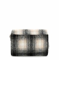 Pehme ristkülikukujuline kott halli, musta ja beeži udus ruudulise mustriga ning peal luku sulgemisega.