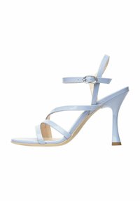 Sandalo con tacco in pelle sintetica blu chiaro, con numerose cinghie incrociate, fibbia alla caviglia e un elegante tacco a stiletto, caratterizzato da una suola beige.