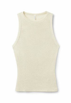 Cream-colored, fitted tank top made of ribbed fabric with a round neckline and sleeveless design. Features a straight hem.