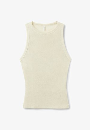 Crème-kleurige, strakke tanktop van ribbelstof met een ronde hals en mouwloos ontwerp. Heeft een rechte zoom.