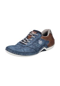 Blue leather sneaker with brown accents, perforated upper, gray laces, and white rubber sole, featuring contrast stitching and a logo detail.