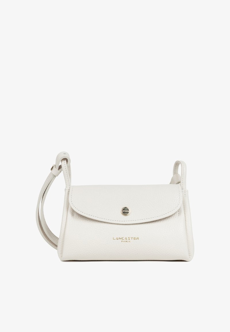 White leather crossbody bag with adjustable strap, flap closure, gold button, and "Lancaster Paris" logo embossed in gold.