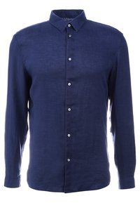 Camicia da uomo a maniche lunghe di colore blu navy con colletto e sei bottoni bianchi sul davanti, realizzata in tessuto leggero.