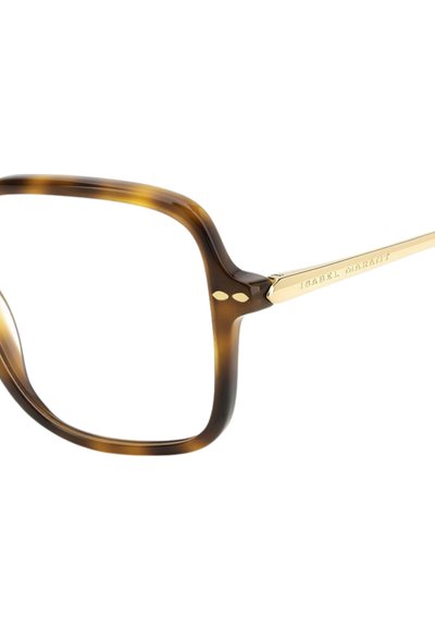 Occhiali oversize tartaruga con montatura quadrata, dotati di astine in metallo color oro. Il design include due piccoli punti di accentuazione sulla montatura.