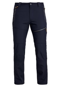 Námořnické modré pánské kalhoty s několika zipovými kapsami, švy na kolenou, poutky na pásek a knoflíkovým zapínáním v pase.