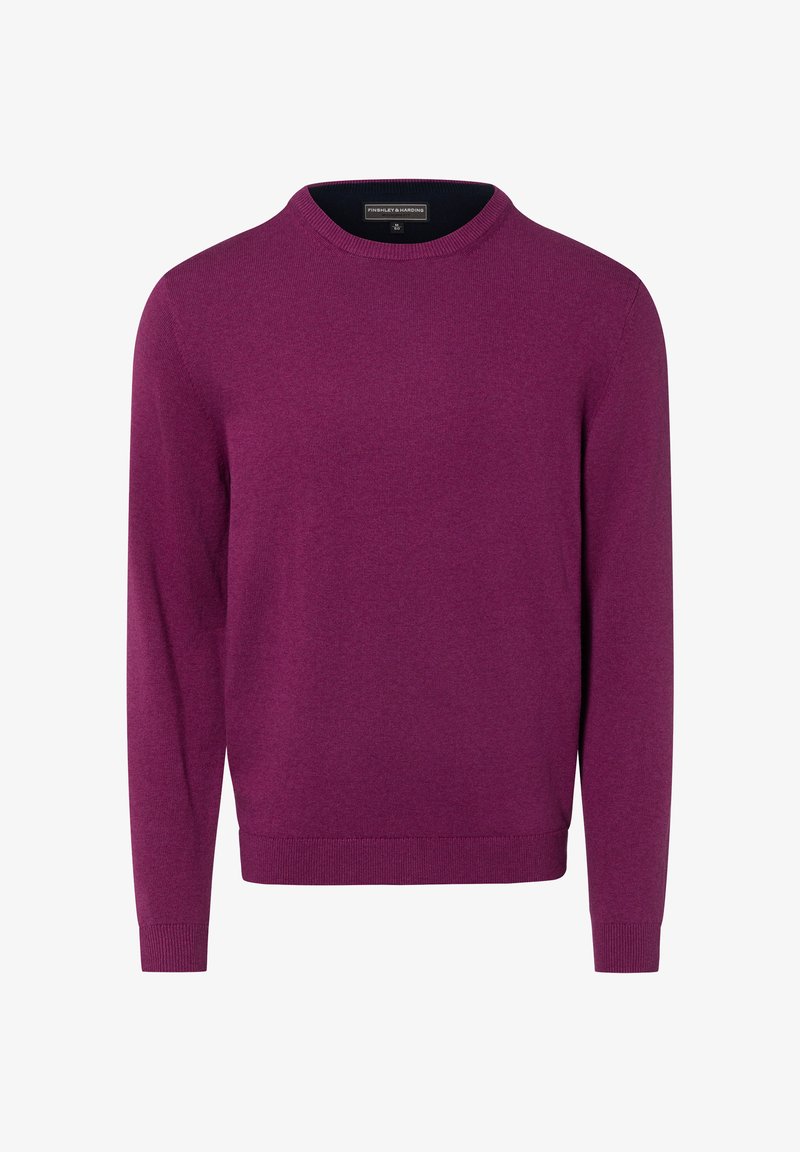 Lila Strickpullover mit rundem Ausschnitt, langen Ärmeln sowie gerippten Bündchen und Saum. Glatte Textur und klares Design. Keine Muster oder Akzente.