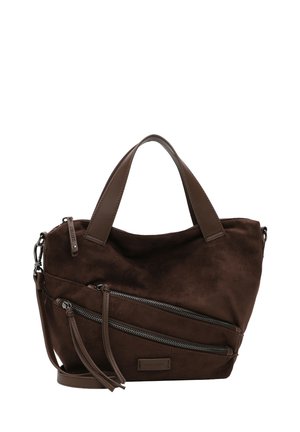 Borsa marrone in suede con due tasche diagonali con zip, manici corti e tracolla removibile.