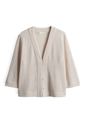 Beige cardigan met een ontspannen pasvorm, V-hals en driekwartmouwen. Heeft een gestructureerde brei en knoopsluiting. Geen extra versieringen.