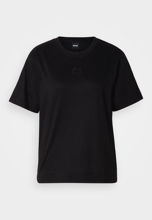 Maglietta in cotone nera con scollatura tonda, maniche corte e logo ricamato sul petto. Design semplice e vestibilità rilassata senza motivi.