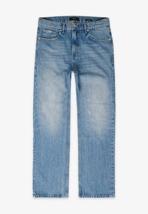 Jean bleu droit avec cinq poches, fermeture par bouton et zip, et détails délavés sur les cuisses et les genoux.