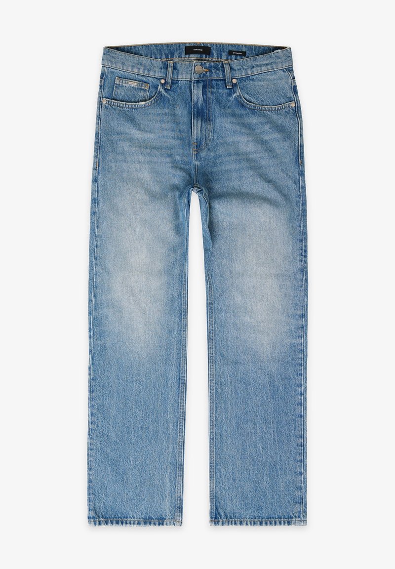 Jean bleu droit avec cinq poches, fermeture par bouton et zip, et détails délavés sur les cuisses et les genoux.