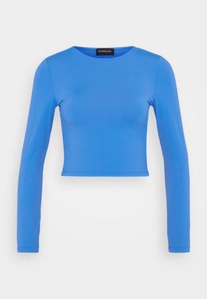 Modrý dlouhý rukáv crop top z hladkého, elastického materiálu s kulatým výstřihem a bezšvovým šitím. Bez ozdob či vzorů.
