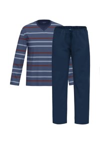 Heren loungewear set met een lange mouwen marineblauw en grijs gestreept shirt met V-hals en effen marineblauwe broek met elastische tailleband.