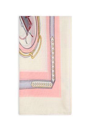 Foulard en soie avec une base crème clair ornée de bordures rose et gris, des motifs colorés complexes, et des coutures et accents décoratifs.