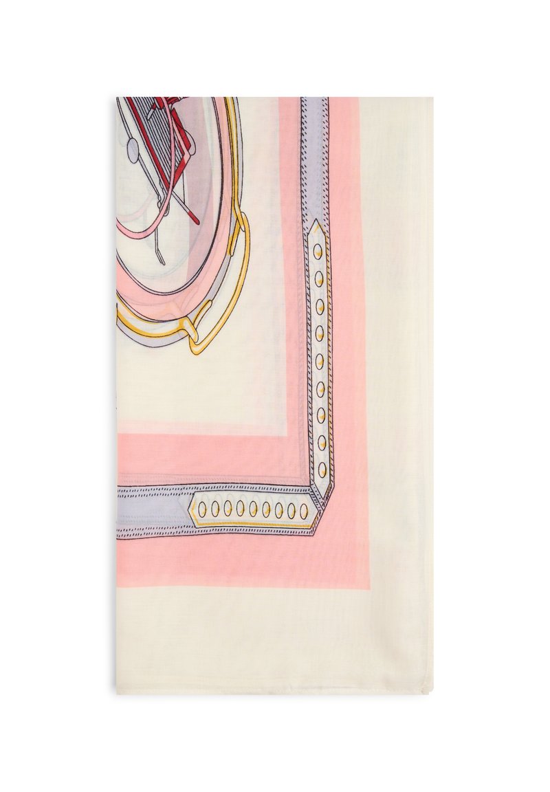 Foulard en soie avec une base crème clair ornée de bordures rose et gris, des motifs colorés complexes, et des coutures et accents décoratifs.