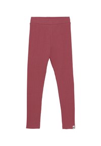 Dziecięce legginsy z prążkowanego materiału w kolorze przybrudzonego różu z elastycznym pasem i małą metką marki na dole.