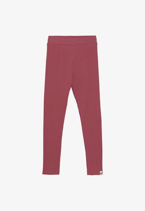 Dziecięce legginsy z prążkowanego materiału w kolorze przybrudzonego różu z elastycznym pasem i małą metką marki na dole.