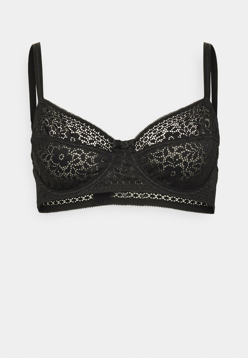 Schwarzer Spitzen-Bralette mit Bügel, floralem Muster, verstellbaren Trägern und einer Schleifen-Akzentierung in der Vordermitte. Weicher, strukturierter Stoff.