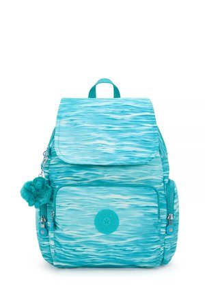 Turquoise backpack with a wave pattern, featuring a front pocket, top flap, zippered closures, and a furry monkey keychain attached.