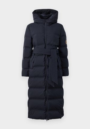 Dunkelblauer Steppmantel mit Kapuze, tailliertem Bund und Rippverschluss. Mit horizontalen Steppnähten und seitlichen Taschen. Mit Reißverschluss.
