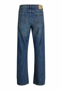Μπλε τζιν από denim με ίσια γραμμή στο πόδι, εμφανίζεται από πίσω με δύο πίσω τσέπες και μια καφέ δερμάτινη ετικέτα με το λογότυπο στη μέση.