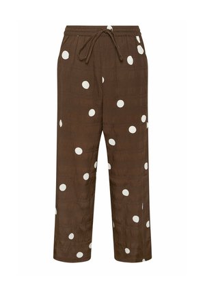 Pantalon ample marron avec des pois blancs et une taille élastique avec cordon à l'avant.