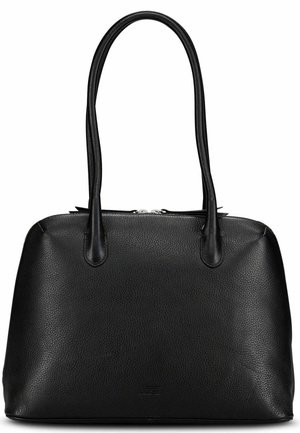 Bolso de mano de cuero negro con dos asas largas y cierre superior con cremallera, con un logo sutil en relieve en el centro delantero.