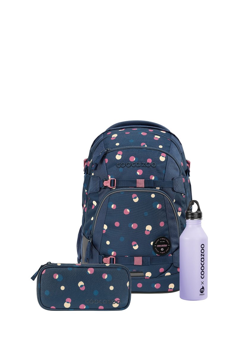 Blauer Rucksack mit bunten Punkten, mehreren Fächern, rosa Akzenten, dazu passende lila Wasserflasche und Federmäppchen.