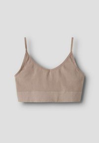 Bralette a coste marrone chiaro con spalline sottili regolabili e una fascia elastica, caratterizzato da una superficie liscia e da un design semplice e minimal.