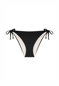 Bas de bikini noir avec des panneaux latéraux crème, liens ajustables sur les côtés et petits accents dorés. Texture lisse et design minimaliste.