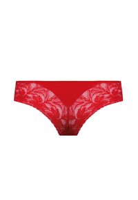 Czerwona koronka stringi z motywami kwiatowymi i gładkim przednim panelem, oferujące delikatną fakturę i miękkie wykończenie.