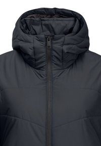 Donker gewatteerde jas met een hoge kraag, voorzien van een volledige rits aan de voorkant, een soepele textuur en gewatteerde ontwerp lijnen voor extra isolatie.