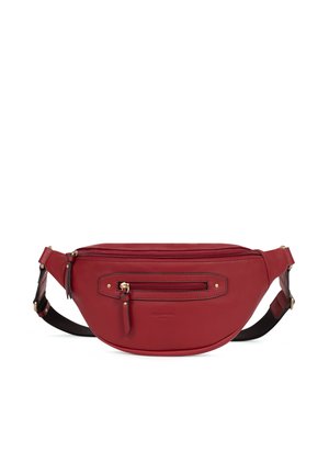 Marsupio in pelle rossa con tasca frontale con zip, tracolla regolabile e cursori delle zip in tono oro, mostrato su sfondo bianco.