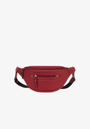 Sac banane en cuir rouge avec poche avant zippée, sangle ajustable et tirettes de fermeture éclair couleur or, présenté sur fond blanc.