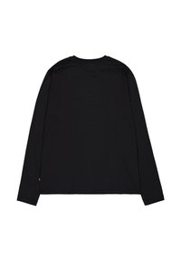 Camiseta negra de manga larga con cuello redondo, hecha de una tela suave. Presenta un corte recto y un diseño minimalista sin logotipos ni patrones visibles.