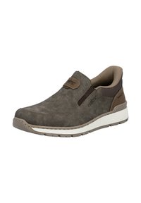 Chaussure marron à enfiler en daim texturé avec un col rembourré, des panneaux latéraux élastiques et une semelle blanche légère avec des accents marron.