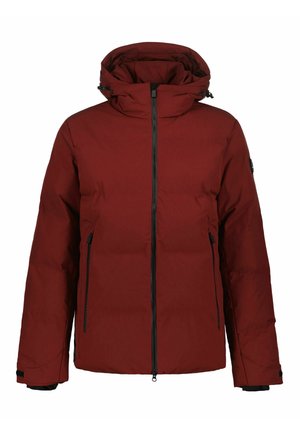 Chaqueta de invierno aislada de color rojo oscuro con capucha, cremallera completa frontal, dos bolsillos laterales con cremallera y correas ajustables en las muñecas.