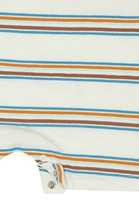 Bodysuit rayé en tissu crème doux avec des rayures bleues, orange, brunes et bleu clair ; dispose de fermetures à pression à la base pour un habillage facile.