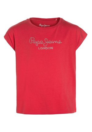 Czerwony bawełniany t-shirt z krótkimi podwiniętymi rękawami, z błyszczącym logo „Pepe Jeans LONDON” na wysokości klatki piersiowej. Gładka faktura.