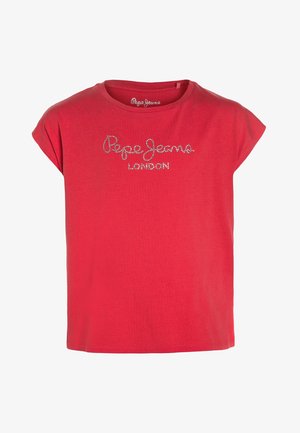 Rød bomulds-T-shirt med korte opkrøjede ærmer, med en glitrende "Pepe Jeans LONDON"-logo tværs over brystet. Glat tekstur.