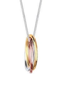 Silberne Kettenhalskette mit drei miteinander verbundenen Ringen in Gold-, Roségold- und Silberfinish, die als Anhänger hängen.