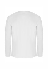 Weißes Langarmshirt mit Rundhalsausschnitt, geraden Saumabschlüssen und genähten Manschetten, glatte Textur und keine sichtbaren Muster oder Grafiken.