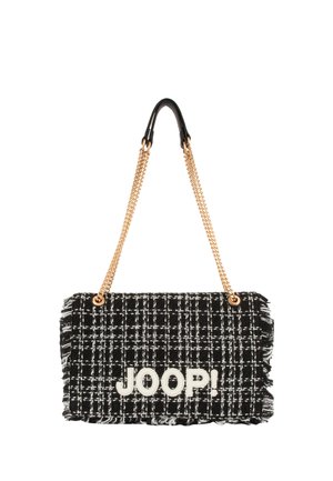 Borsa a mano a quadri bianco e nero con bordi sfrangiati, tracolle a catena dorata e grande testo bianco "JOOP!" sul lembo frontale.