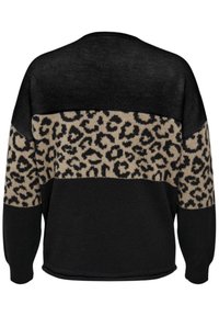 Črna pulover s pasom v leopardjem vzorcu v bež barvi. Pletena tekstura, dolgi rokavi in sproščen kroj s ukrivljenim robom.
