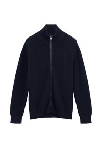 Marine gebreide ritstrui met een hoge kraag, geribbelde textuur en lange mouwen. Heeft een ritssluiting aan de voorkant en geribde manchetten en zoom.